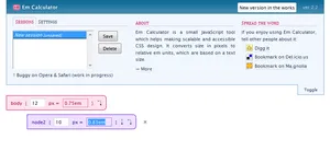 Em Calculator interface for quick relative font size calculations