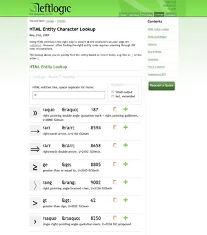 HTML Entity Character Lookup by Leftlogic