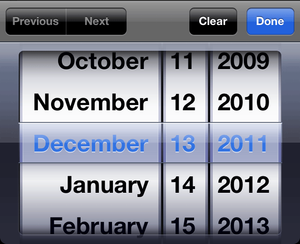 The date input type as displayed on iOS mobile Webkit devices. An example of the date input type on iPhone, iPad and iPods.