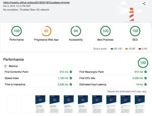 Performance score 100/100. Huzzah! Lighthouse score for this website after optimisation.