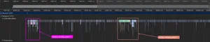 Here we see what looks like the 'Performance' tab in Chrome DevTools. It shows lots of detailed information about what was happening on the browsers main thread during the test. The heavy activity points have been highlighted as they match with the image above.