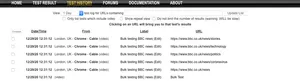 The bulk test results appear on the 'Test History' page too.