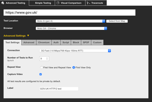Run the first test, label with HTTP/2 and select your settings.