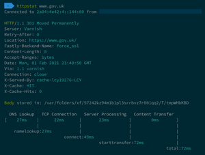 HTTPStat running in the terminal and reporting on timings from visiting GOV.UK.