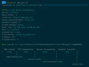 HTTPStat running in the terminal and reporting on timings from visiting GOV.UK.