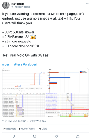 If you are wanting to reference a tweet on a page, don't embed, just use a simple image + alt text + link. Your users will thank you! • LCP: 600ms slower • 2.7MB more JS! • 25 more requests • LH score dropped 50% Test: real Moto G4 with 3G Fast. #perfmatters #webperf - 11:01 PM · Jan 16, 2021