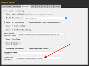 WebPageTest 'Chromium' tab allows you to enter CLI commands to be passed through to the test, as displayed in the image.