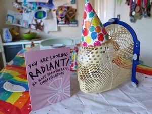 A picture of the mask with a party hat on to celebrate the final session. Picture of the mask with a party hat on