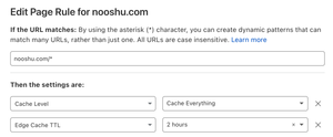Edit the page rules dialog in the Cloudflare admin panel.