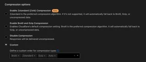 An image showing the compression options lower down the page. These include: Enable standard (Zstd) Compression (beta), Enable Brotli and Gzip Compression, Disable Compression, and Custom.