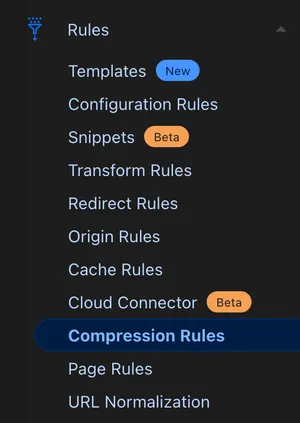 The Compression Rules option under the Rules section of the Cloudflare navigation dashboard.