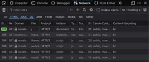 The Firefox DevTools panel before implementation, Brotli compression can be seen in the Content-Encoding response header Network panel column