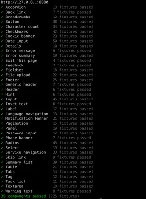 The fixture tests running in the terminal, first the COLBOL server is started then 39 components passed (725 fixtures) can be seen to pass.