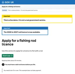 The now very familiar fishing rod licence homepage, using standard GOV.UK Frontend components, but the backend is written in COBOL, you can’t tell that from the screenshot!