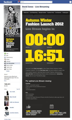 David Jones live streaming Facebook application page 1.