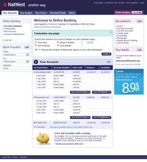 NatWest online banking prototype customise page.